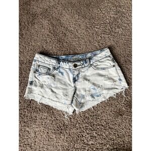 Vintage Y2K Almost Famous Denim Shorts Size 3 Blue White Distressed Frayed Hem‎